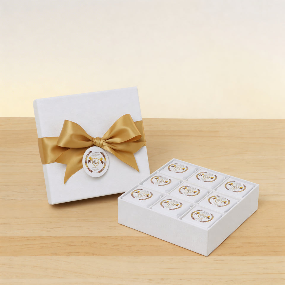 Set of 5 Corporate branded chocolate hard box with logo tag and matching ribbon