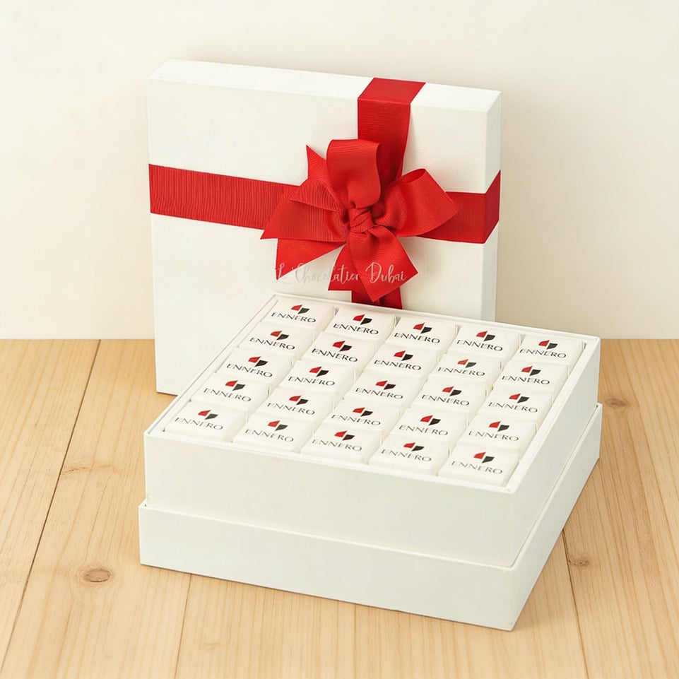 Set of 2 Corporate branded chocolate hard box with matching ribbon