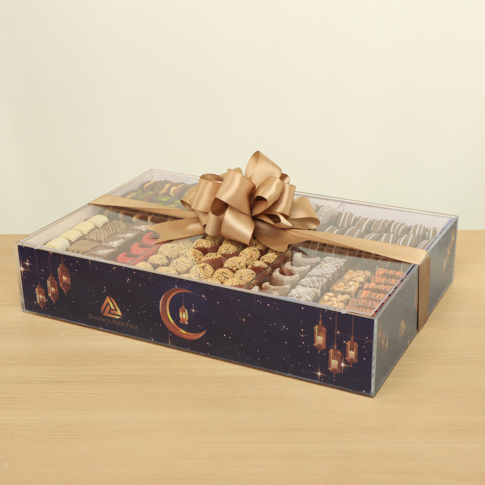 Corporate customized Ramadan designed premium chocolate & dates large acrylic tray with cover