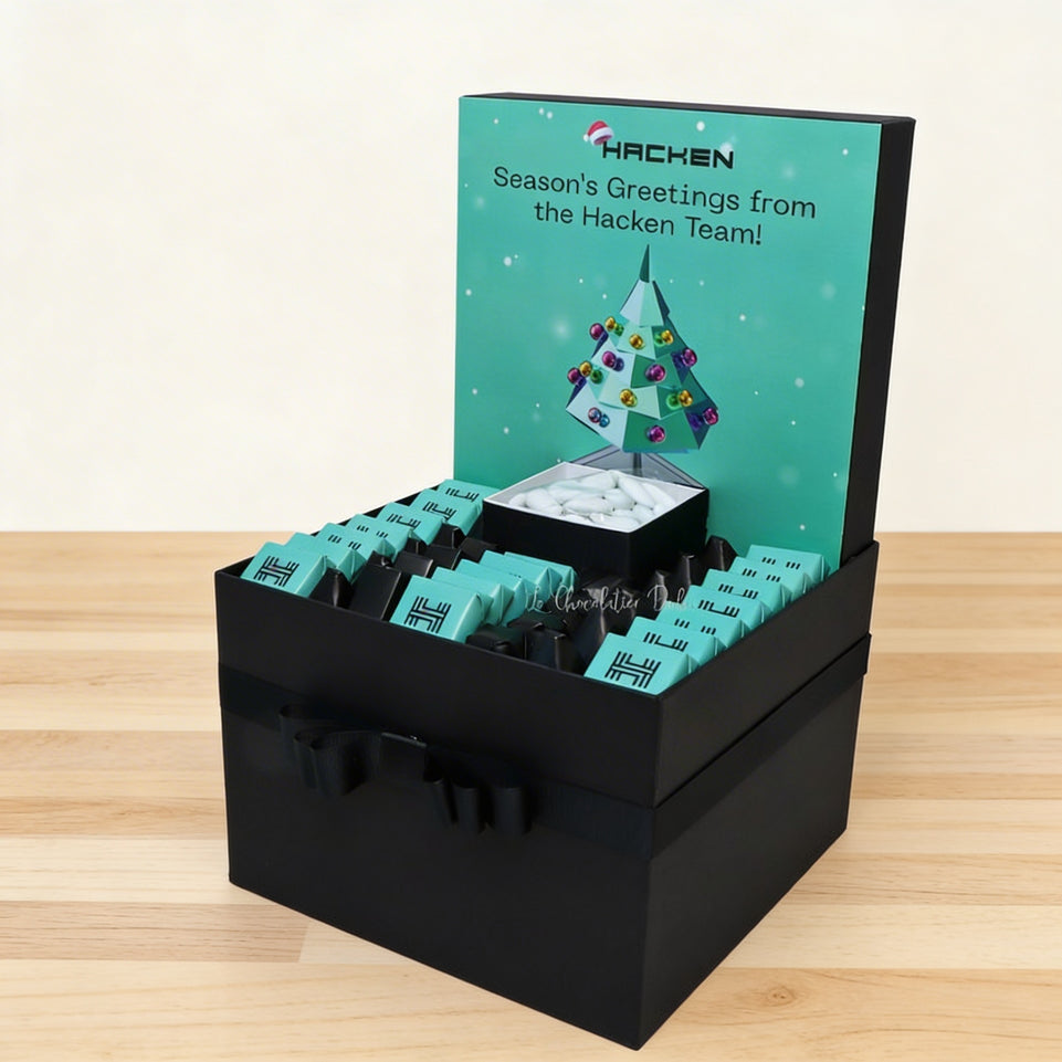 Corporate branded chocolate extra hamper with textured customized backdrop