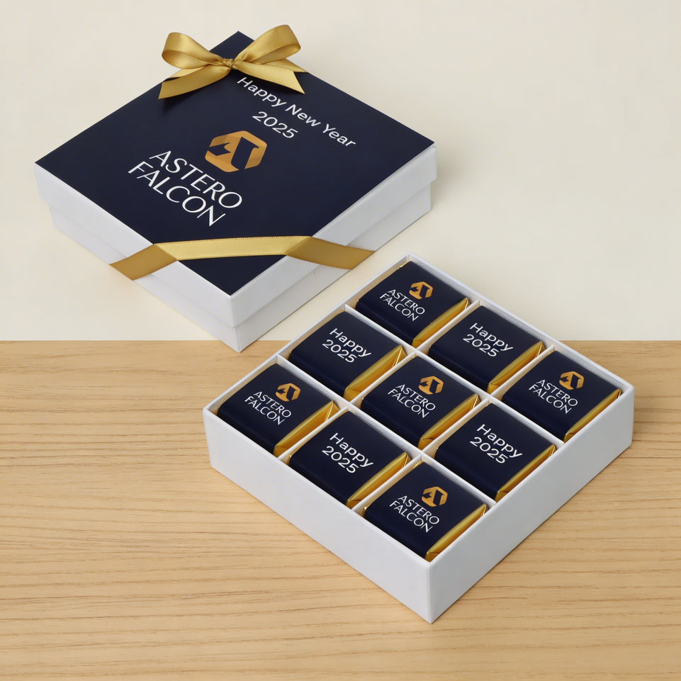 Set of 5 Corporate branded chocolate hard box with customized top card and ribbon