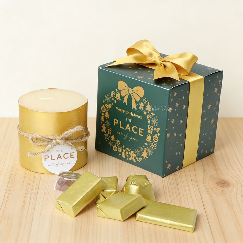 Corporate decorated candle & chocolate branded printed box