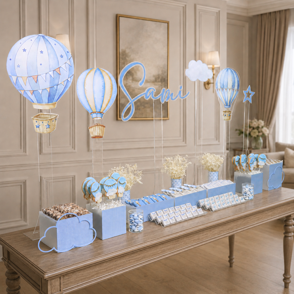 Custom Baby Boy Hot Air Balloon-themed Chocolate Display with Personalized Name & Decorations (Table Excluded)
