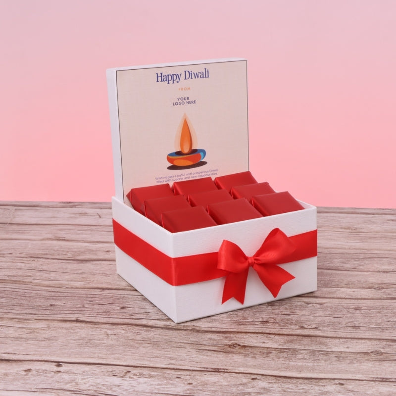 Corporate customized diwali candle orange designed premium chocolate small hamper
