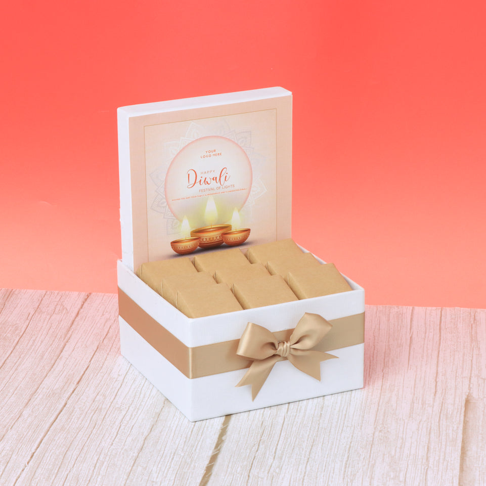 Corporate customized diwali golden candle designed premium chocolate small hamper