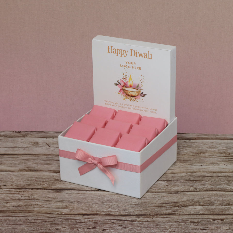 Corporate customized diwali floral candle lights designed premium chocolate small hamper