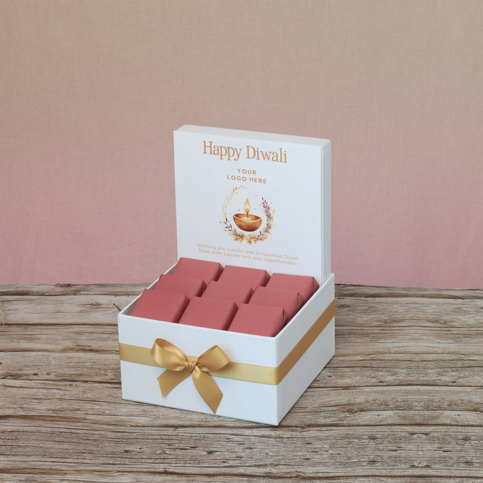 Corporate customized diwali floral candle lights designed premium chocolate small hamper