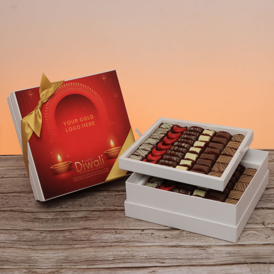 Corporate customized Happy diwali candle lights designed premium chocolate 2-layer hard box