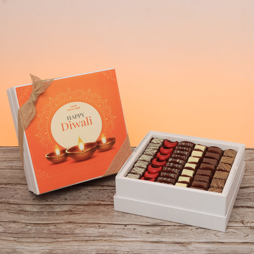 Set of 2 corporate customized happy diwali golden candle designed premium chocolate hard box