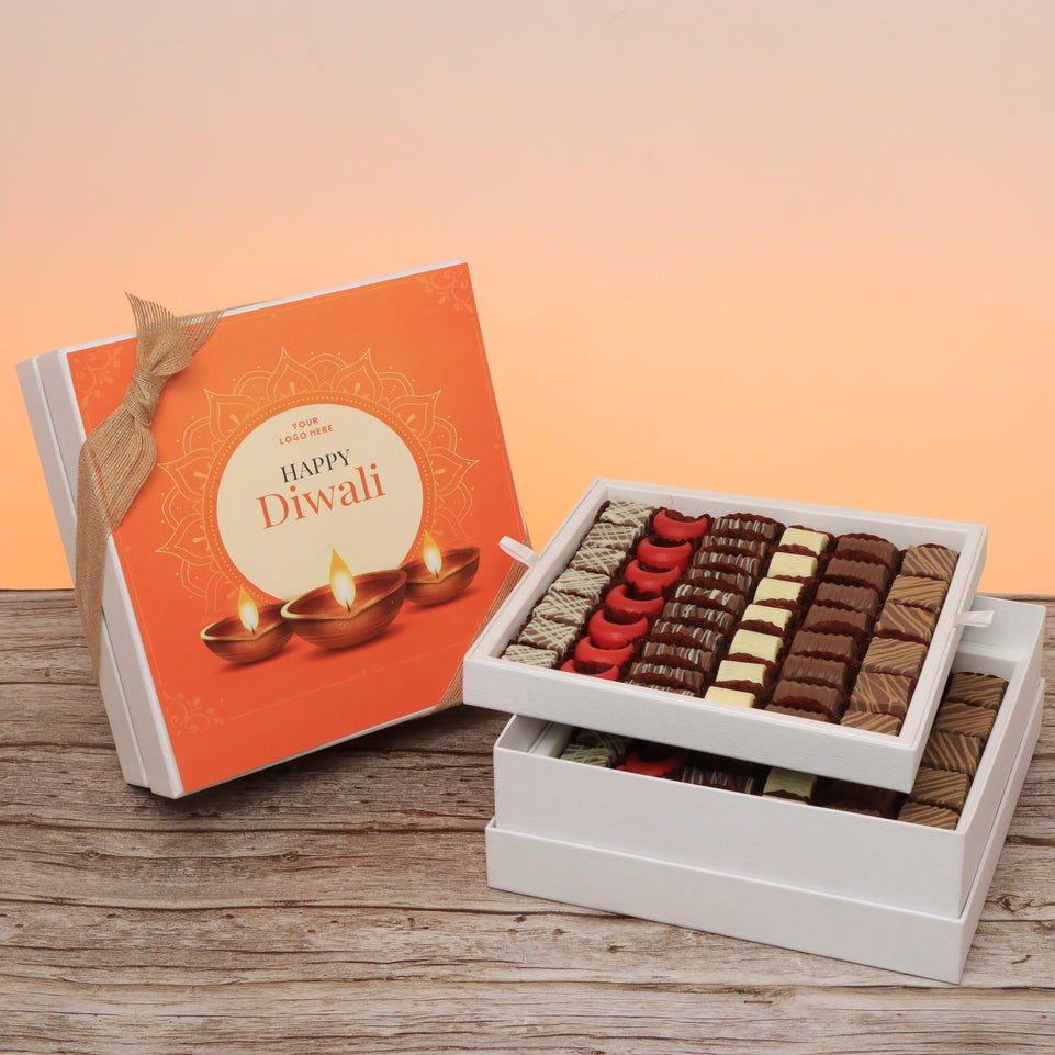 Corporate customized happy diwali golden candle designed premium chocolate 2-layer hard box