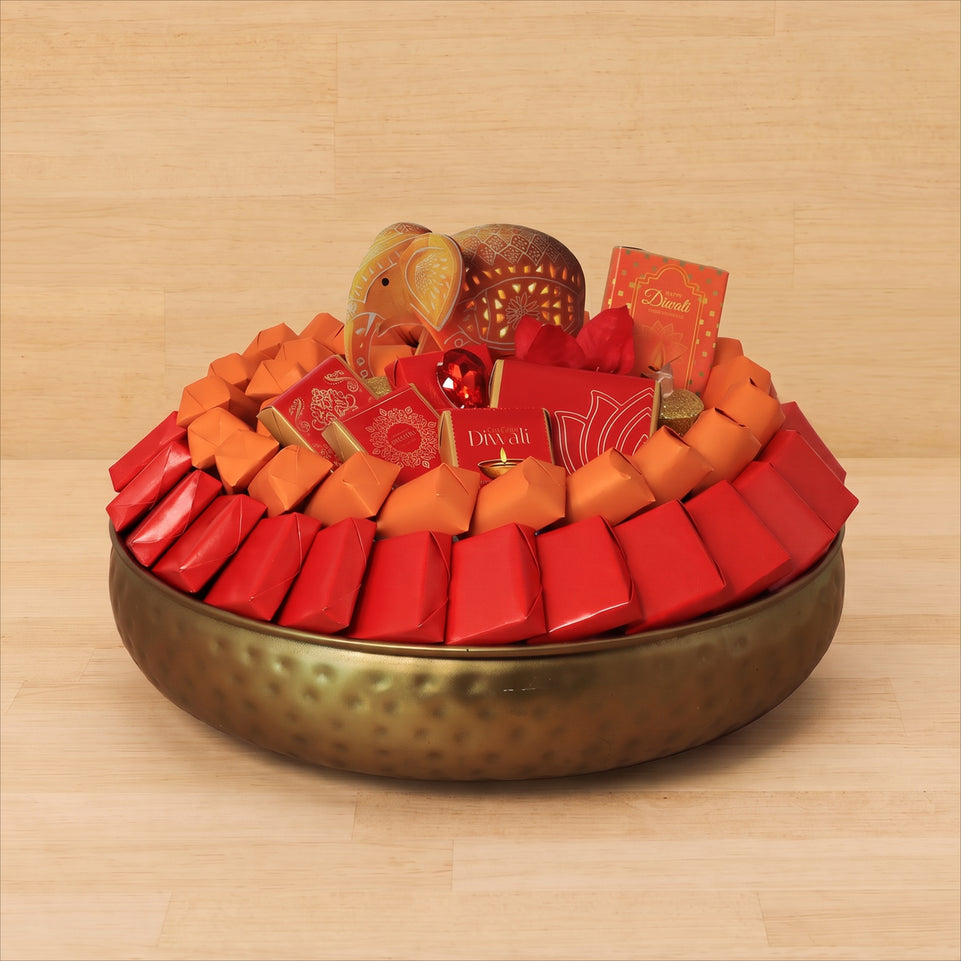 Happy Diwali Elephant designed with premium chocolate round metal tray
