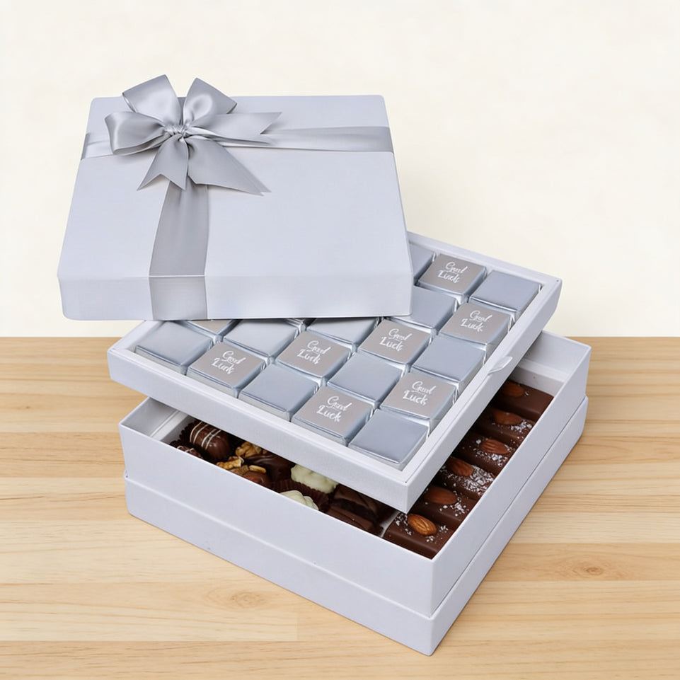 "Good luck" classic silver designed 2-layer premium chocolate hard box