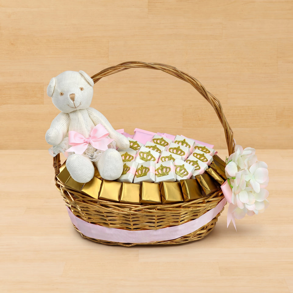 Teddy bear crown baby girl chocolate medium basket
