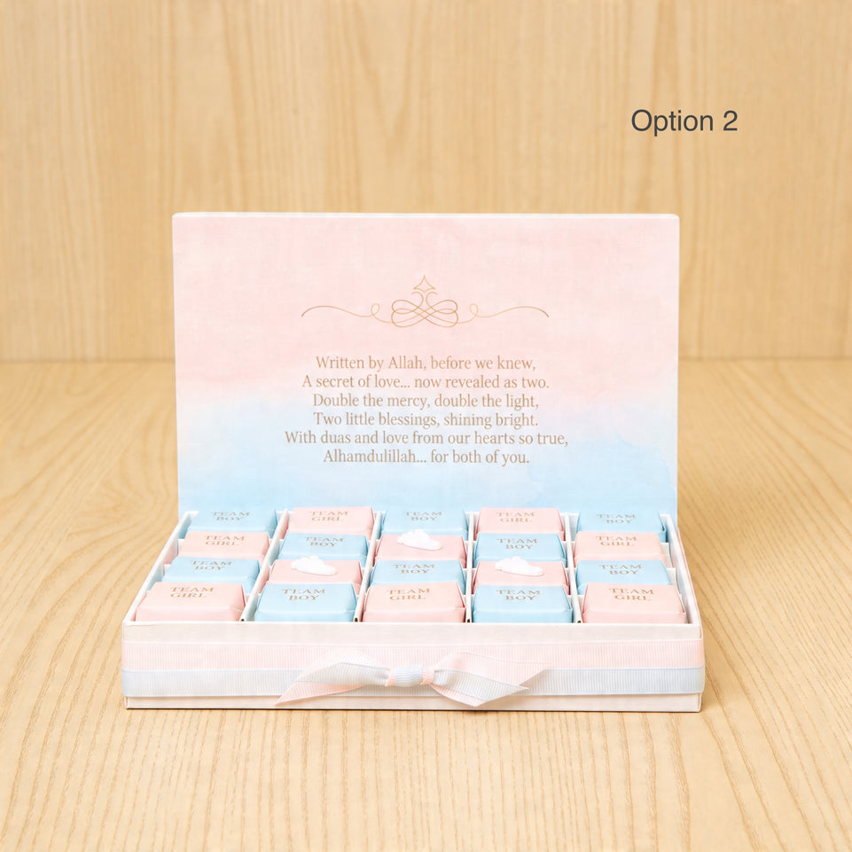 Gender Reveal them personalize chocolate in a hamper