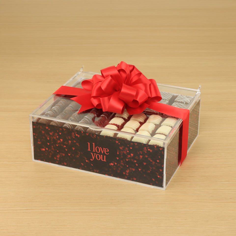 "I love you" shimmering hearts design premium chocolate gift acrylic box