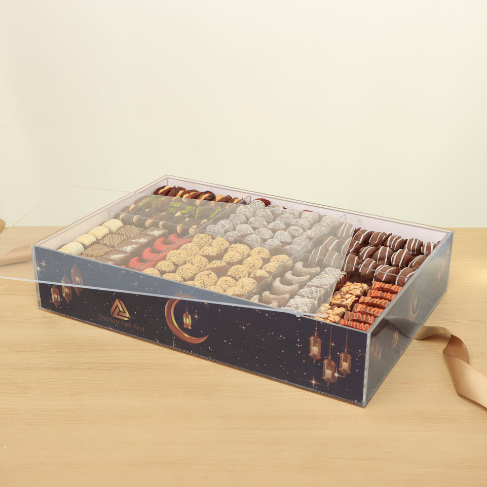 Corporate customized Ramadan designed premium chocolate & dates large acrylic tray with cover