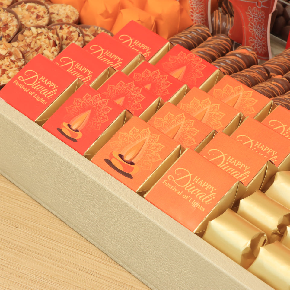 Happy Diwali with acrylic elephant decorated chocolate & sweets medium leather tray