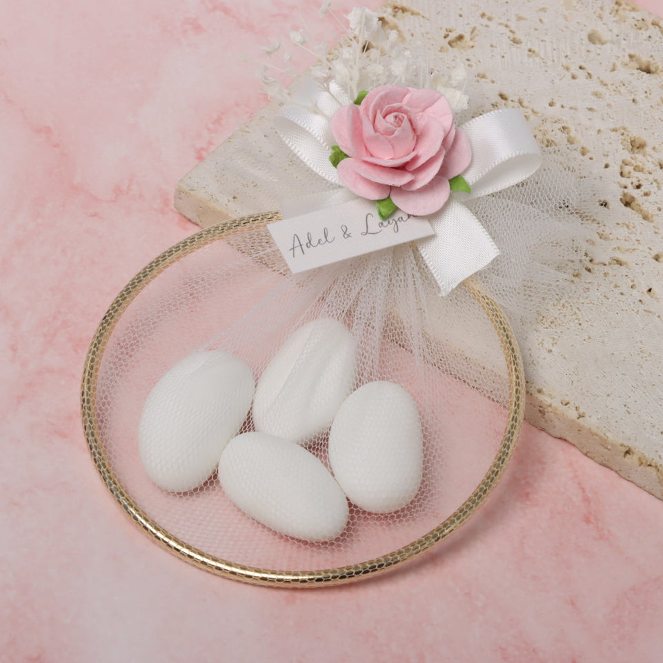 Set of 20 Flower decorated gold metallic almond dragees ring giveaway