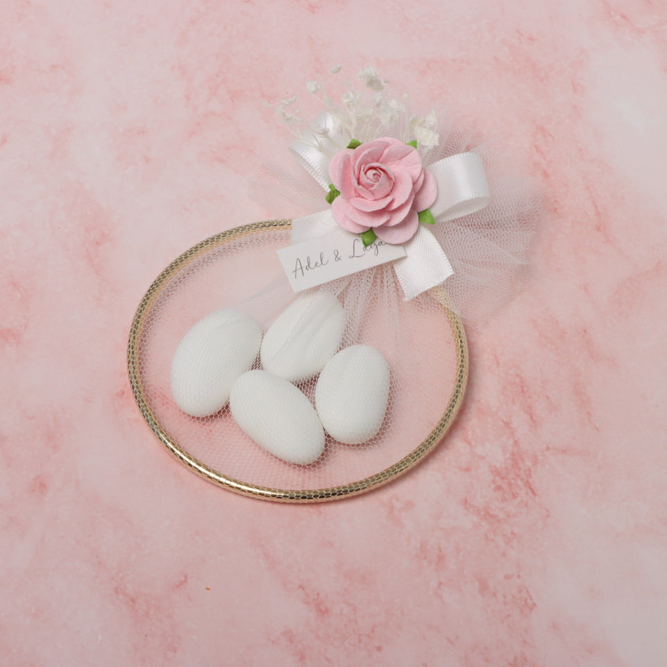 Set of 20 Flower decorated gold metallic almond dragees ring giveaway