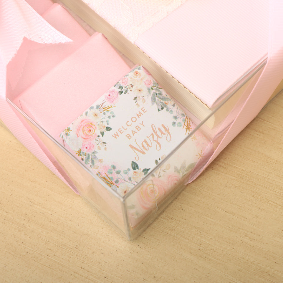 Set of 20 Baby girl customized design quran giveaway with premium chocolate clear box