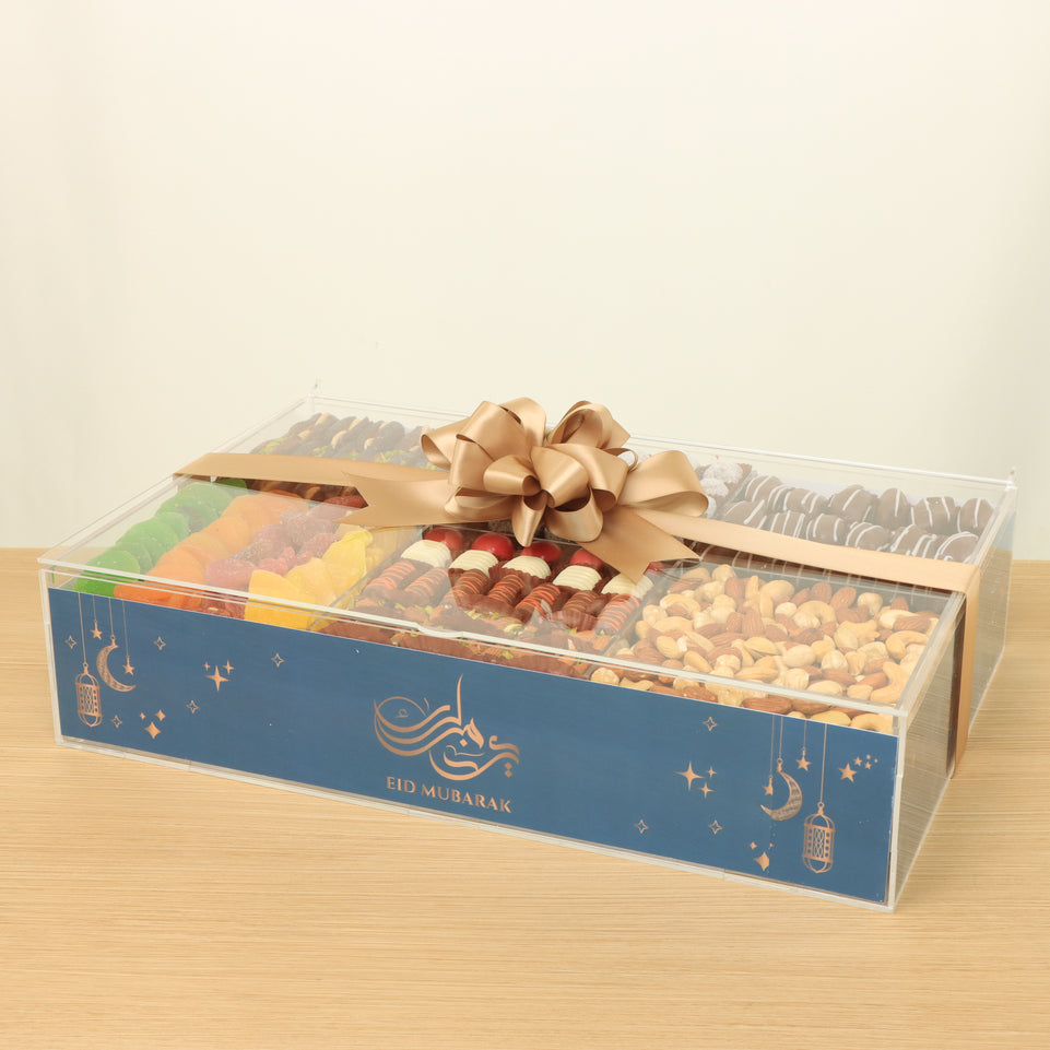 Eid mubarak premium chocolate, dates, nuts & dried fruits large acrylic double tray