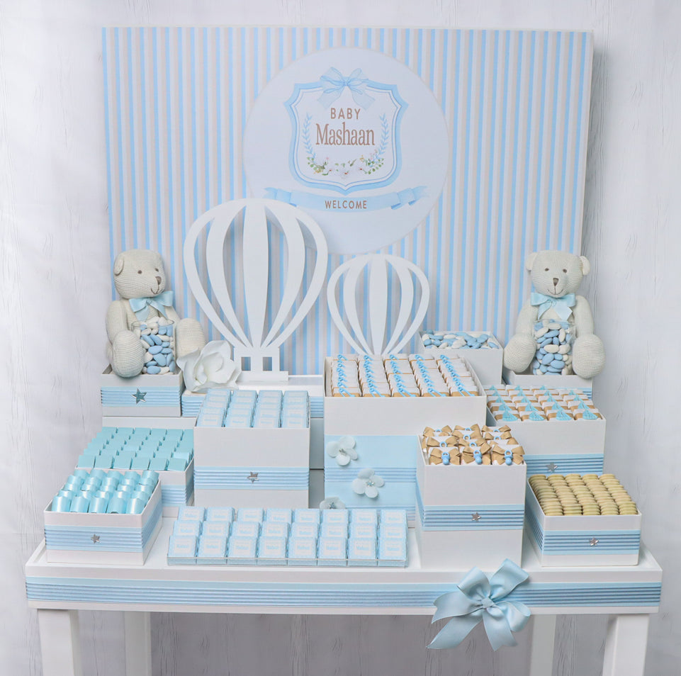 Baby boy personalized premium chocolate arrangement stand with personalized backdrop