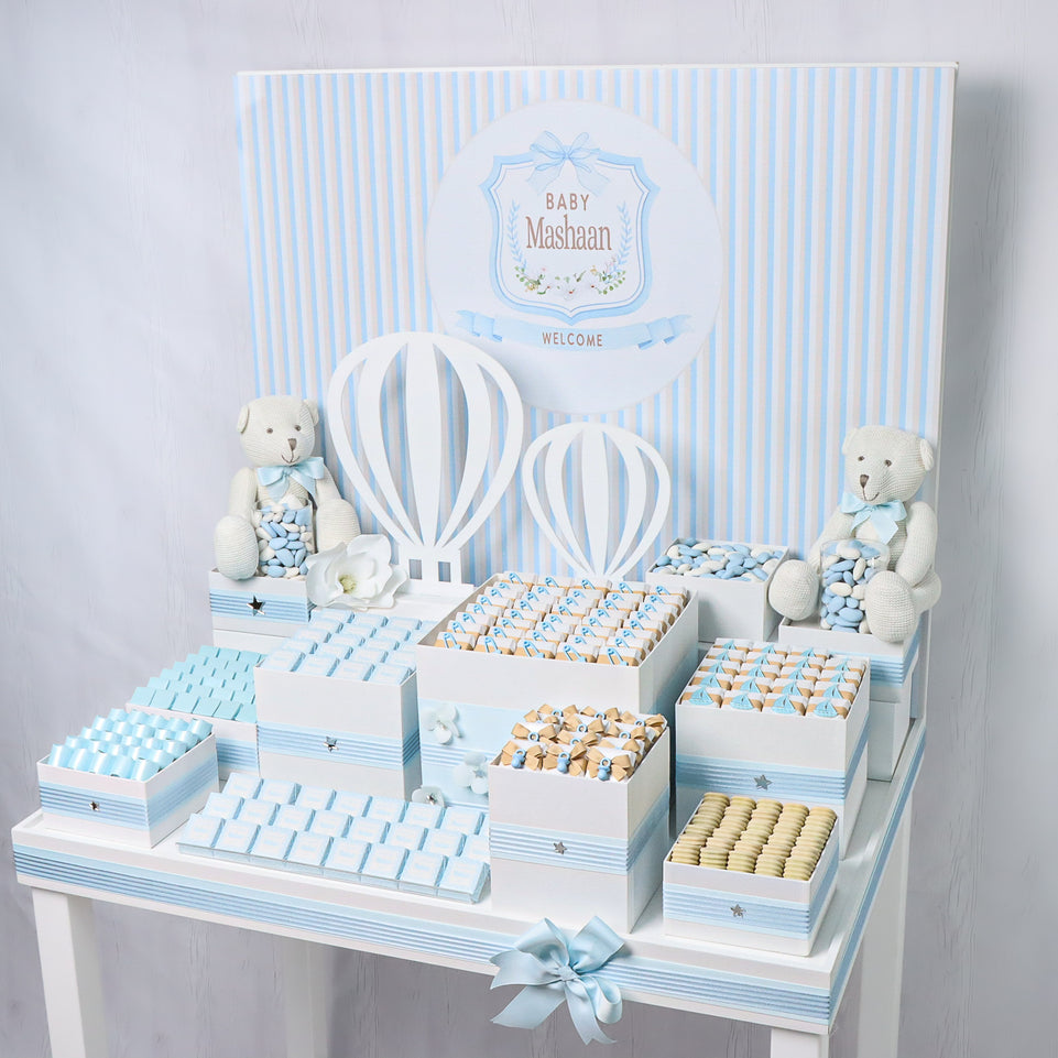 Baby boy personalized premium chocolate arrangement stand with personalized backdrop