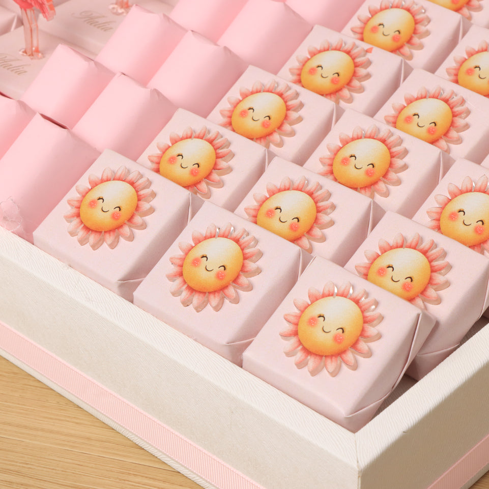 Welcome little one flamingo theme with acrylic backdrop premium chocolate large leather tray