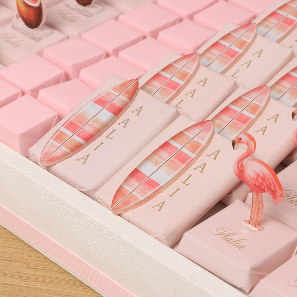 Welcome little one flamingo theme with acrylic backdrop premium chocolate large leather tray