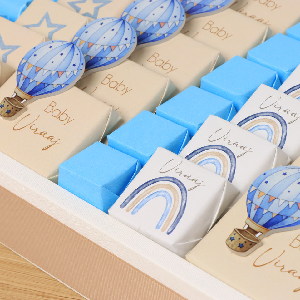 Welcome baby hot air balloon premium chocolate large leather tray with acrylic backdrop