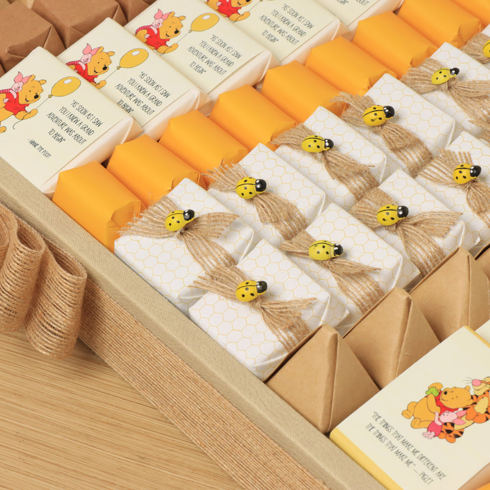 Baby boy pooh themed designed premium chocolate large leather tray with acrylic backdrop