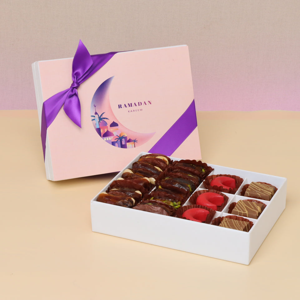 Ramadan kareem crescent designed chocolate & dates 12- piece hard box