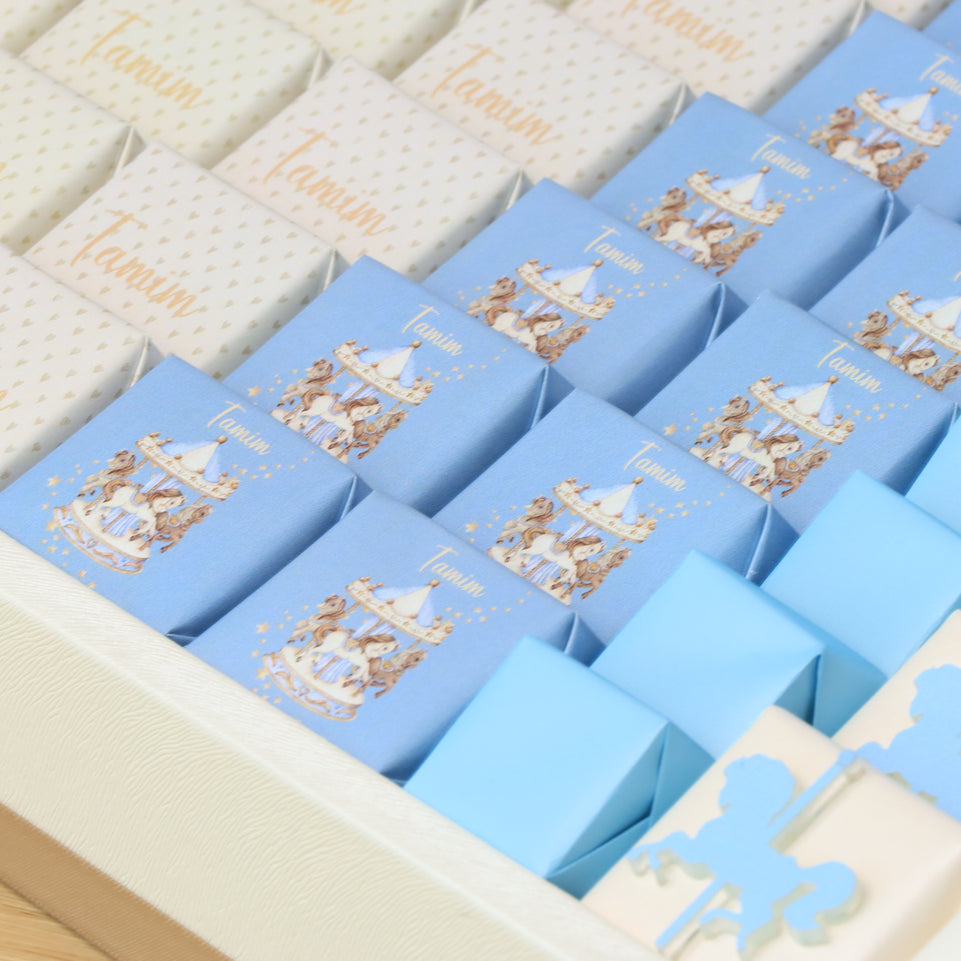 Baby boy carousel themed design premium chocolate large leather tray with acrylic backdrop