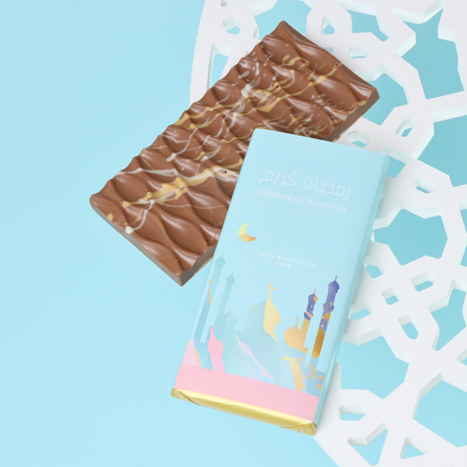 Set of 10 Corporate branded ramadan designed knafeh pistachio milk chocolate bar giveaway