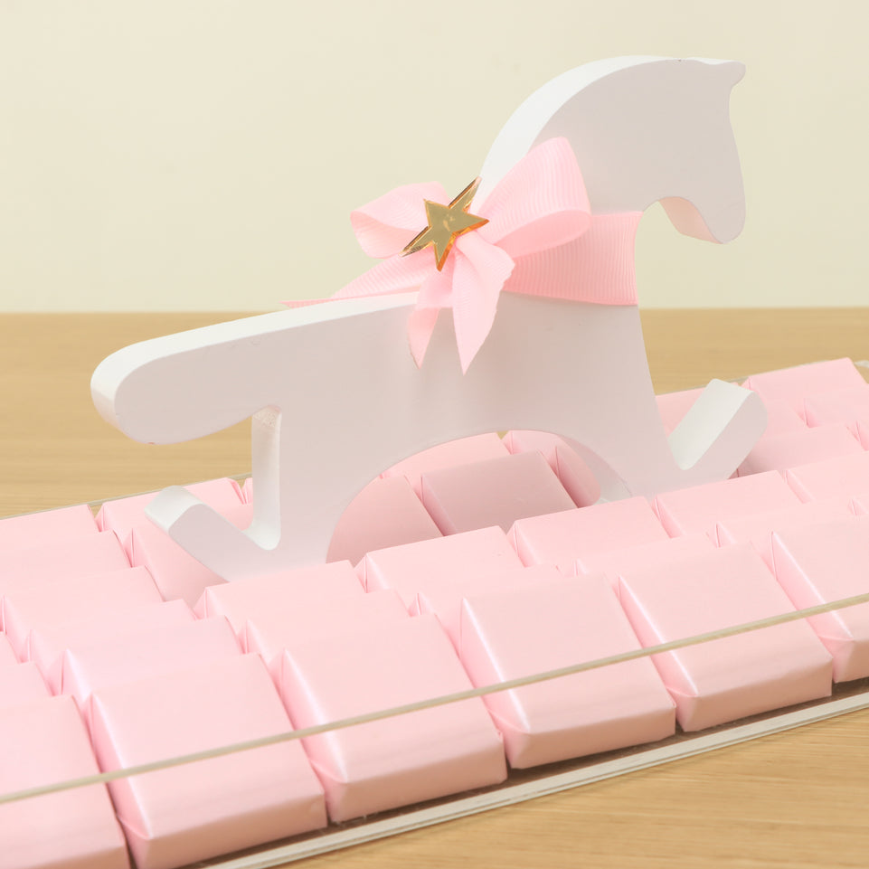 Baby girl chocolate medium acrylic tray with a wooden horse design