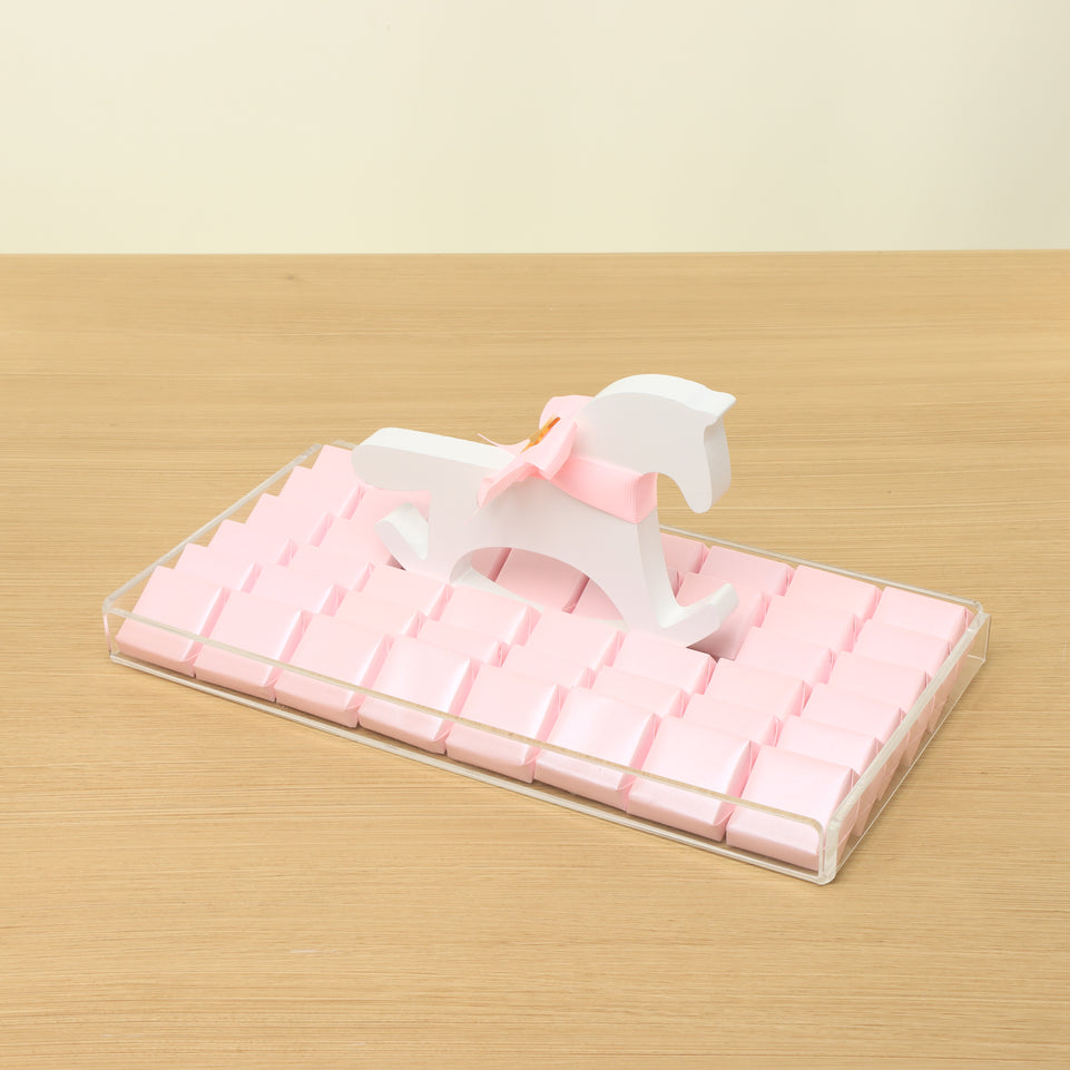 Baby girl chocolate medium acrylic tray with a wooden horse design