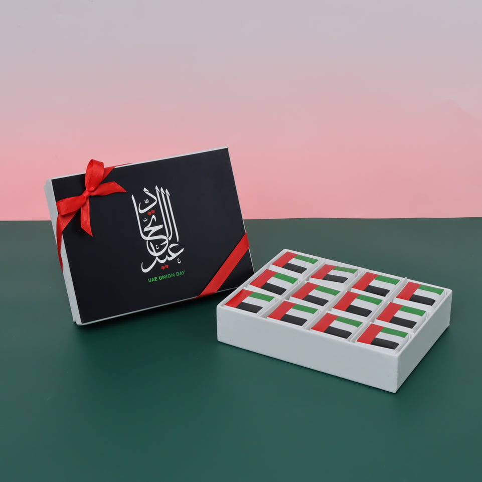 Arabic calligraphy national day with flag designed 12 piece premium chocolate hard box