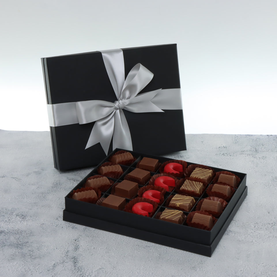 Premium chocolate 20pc black hard box with silver ribbon