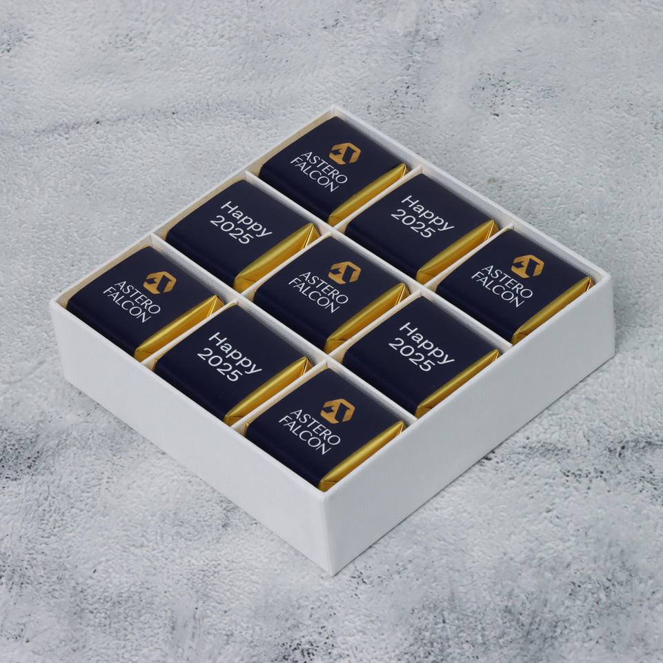 Set of 5 Corporate branded chocolate hard box with customized top card and ribbon