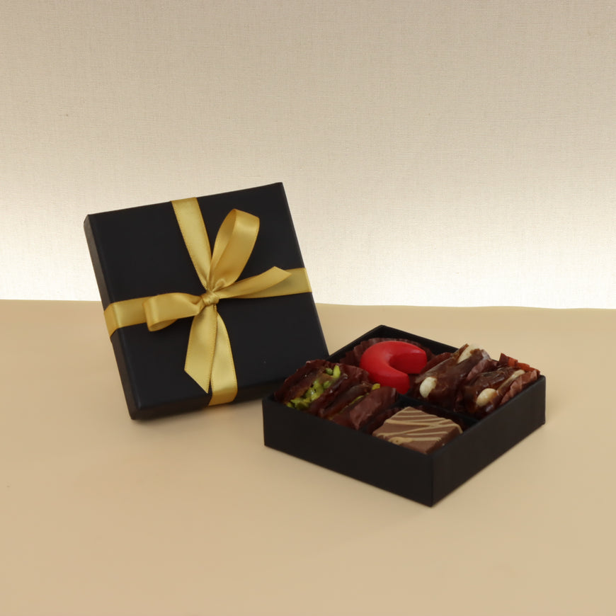 Set of 15 Premium chocolate & dates black 4pc hard box with gold ribbon