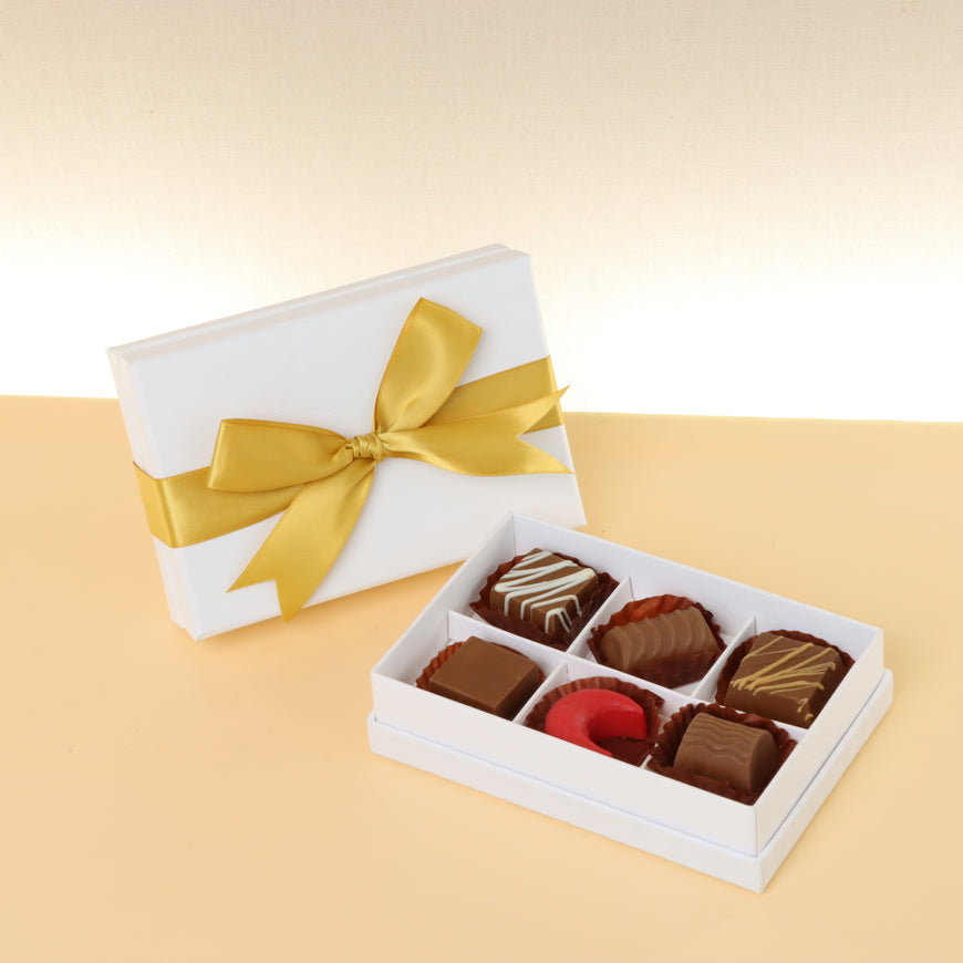 Set of 8 Premium chocolate 6-pc white hard box with gold ribbon