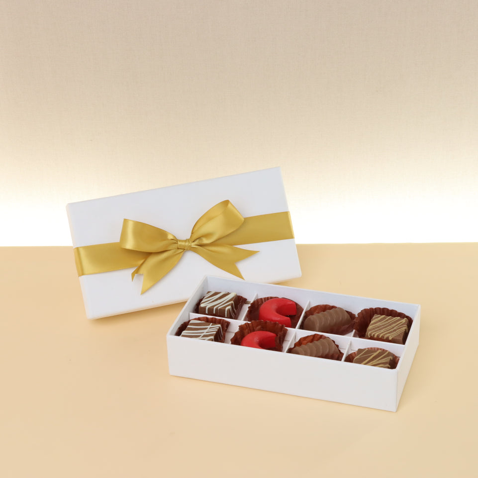 Set of 6 Premium chocolate 8pc white hard box with gold ribbon