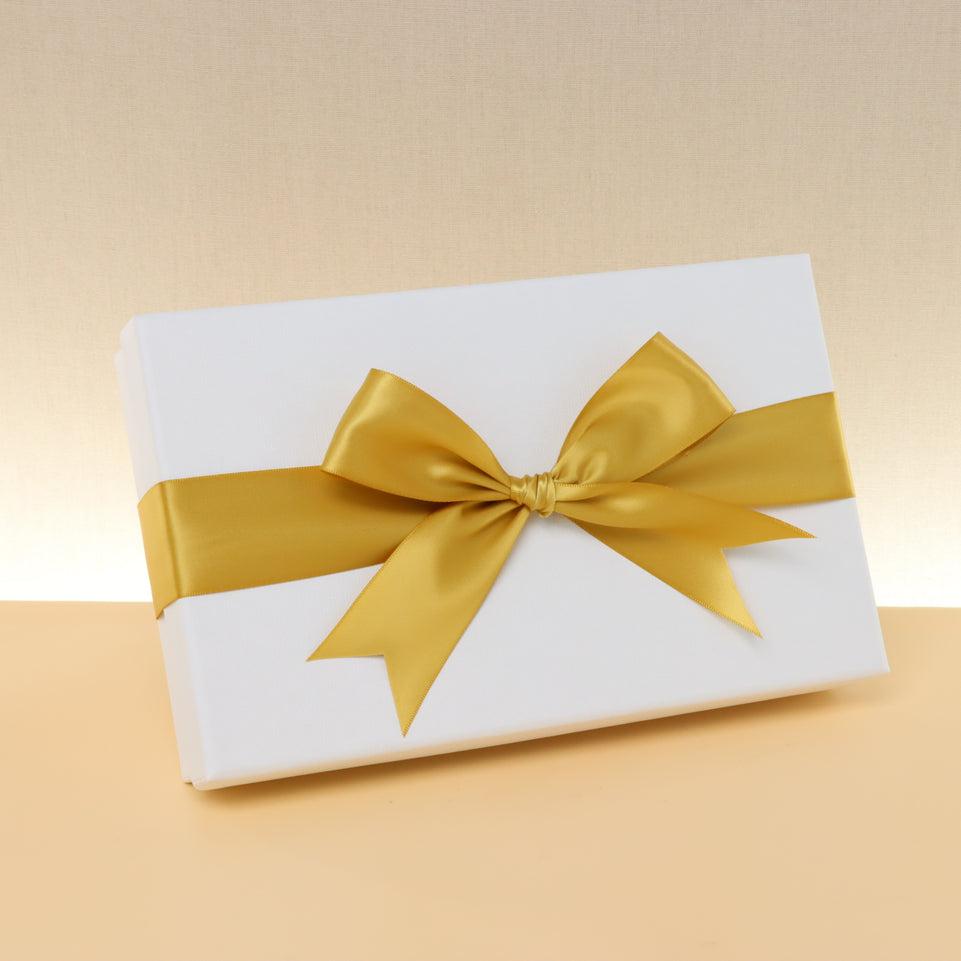 Premium nut stuffed dates white 15-pc hard box with silver ribbon