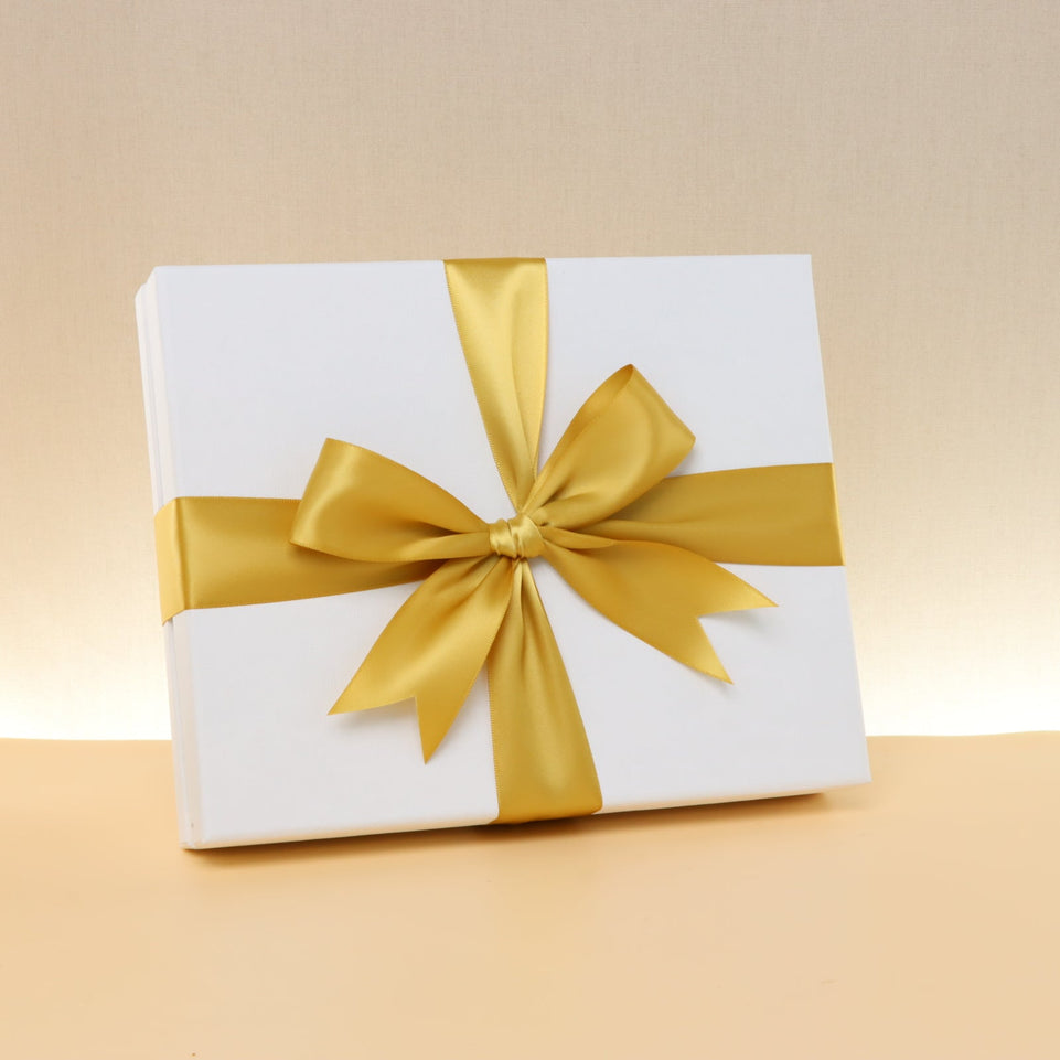 Premium nut stuffed dates white 20-pc hard box with silver ribbon