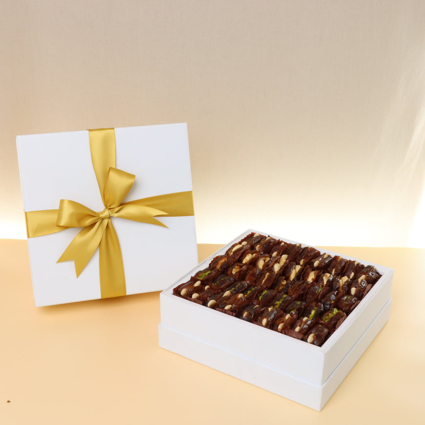 Premium nut stuffed dates one layer hard box with gold ribbon