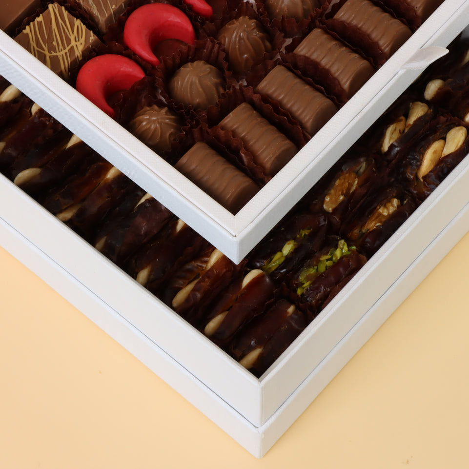 Premium chocolate & dates 2-layer hard box with gold ribbon