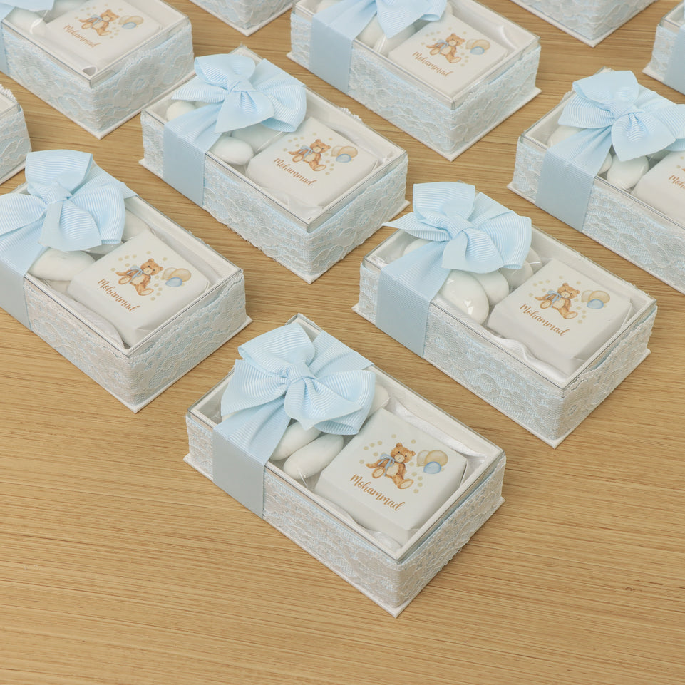 Set of 20 baby boy teddy designed premium chocolate & almond dragees view top box
