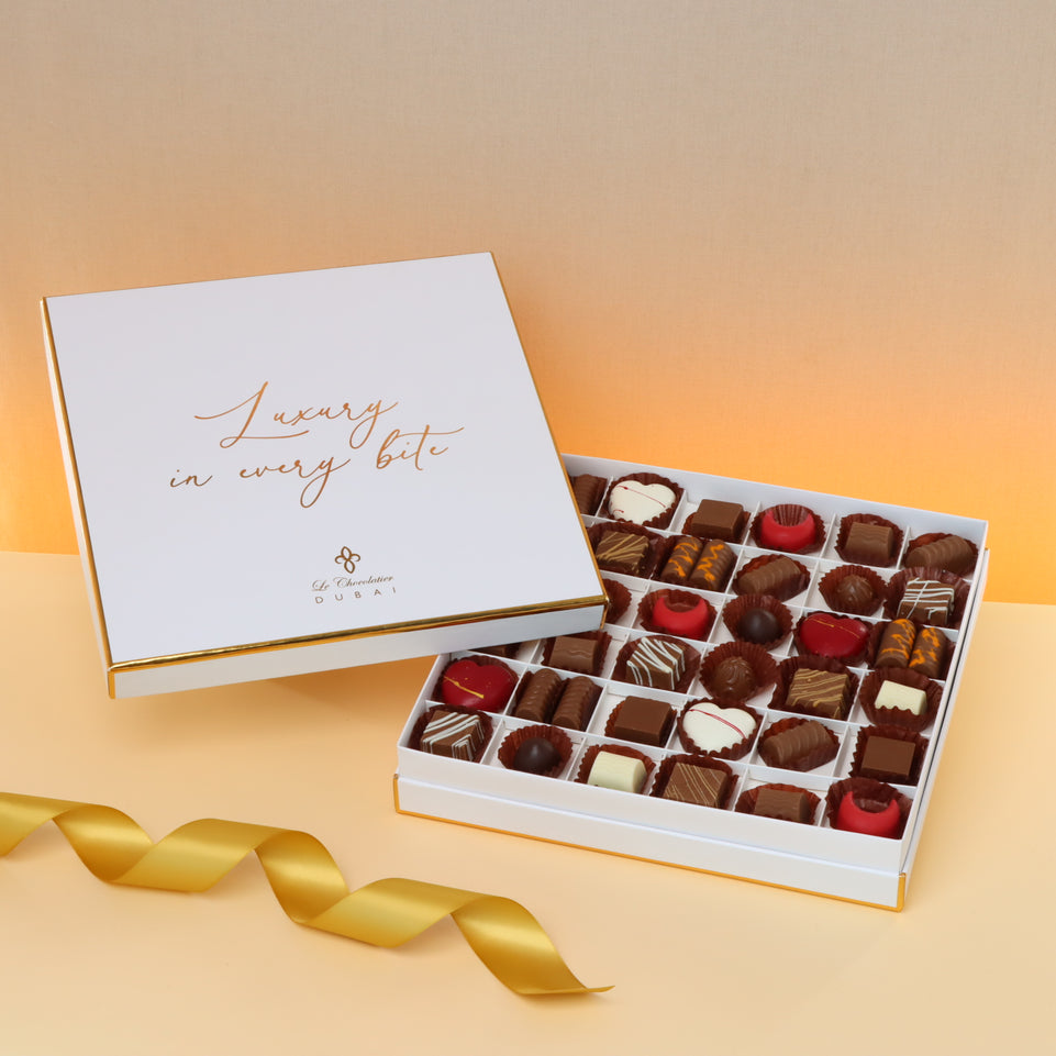 Luxury white & gold designed premium chocolate box with ribbon