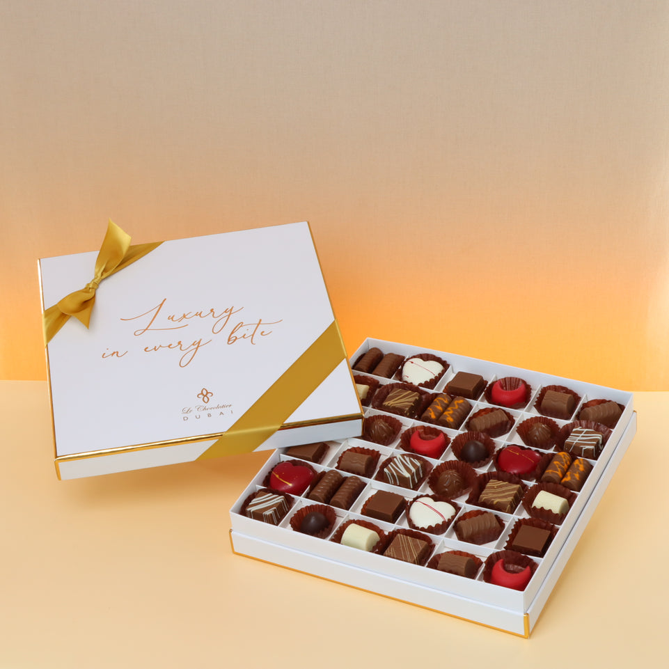 Luxury white & gold designed premium chocolate box with ribbon