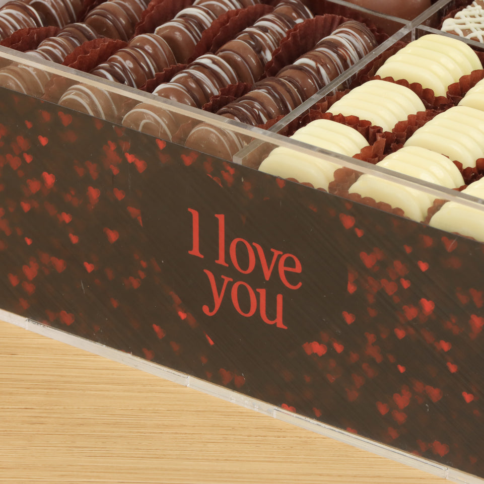 "I love you" shimmering hearts design premium chocolate gift acrylic box